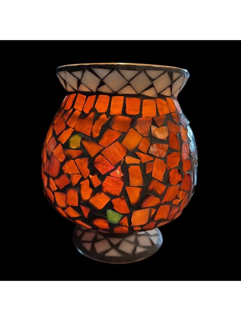 Handcrafted Mosaic Glass Candle Holder With Amber & White Tiles Stained Glass De
